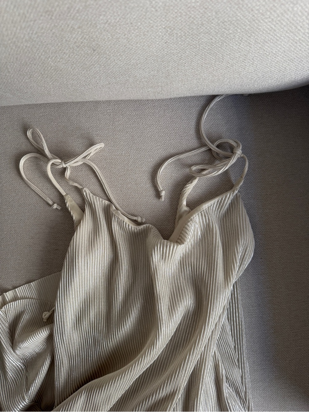 Women's Cream Ribbed Satin Slip Dress with Tie Straps